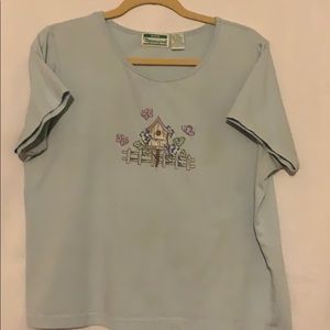 Light blue shirt w/birdhouse & butterflies